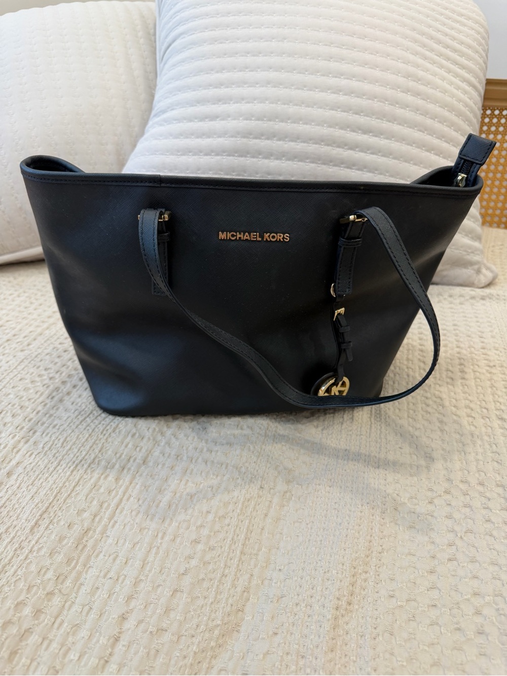 Michael Kors Black Leather Saffiano Tote with Gold Accents